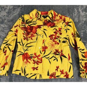Ios Womens Jacket Size L Yellow Floral Button-Down Long Sleeves
